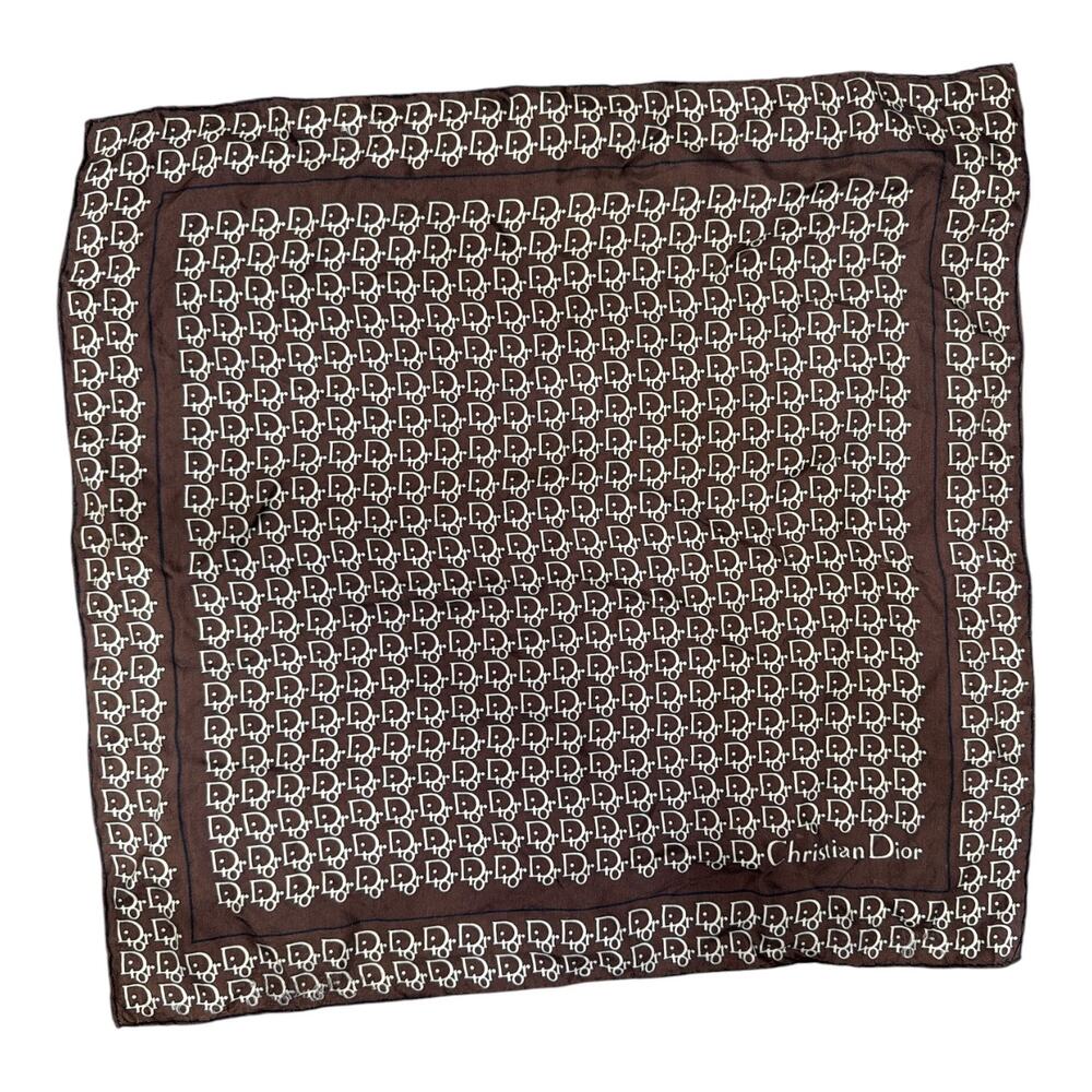 Christian Dior Vintage Brown Monogram Silk Neckerchief Scarf Logo Square